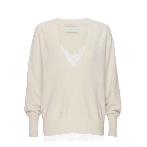 Brochu Walker Wool Cashmere Lace Inset V-Neck Sweater Size L Cream - Picture 1 of 6